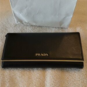 Prada Black Saffiano Leather Long Flap Wallet with Gold Trim